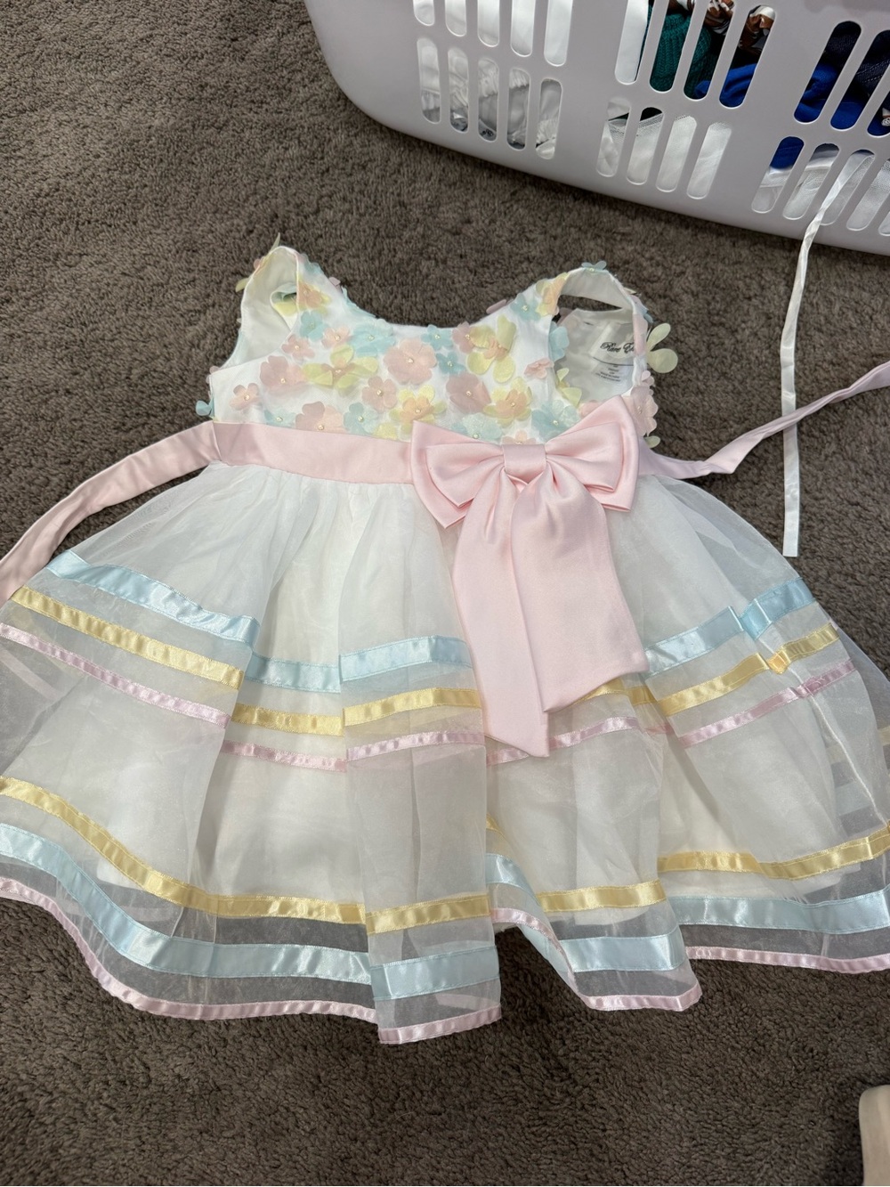 Rare Editions Pastel Floral Organza Dress with Pink Bow